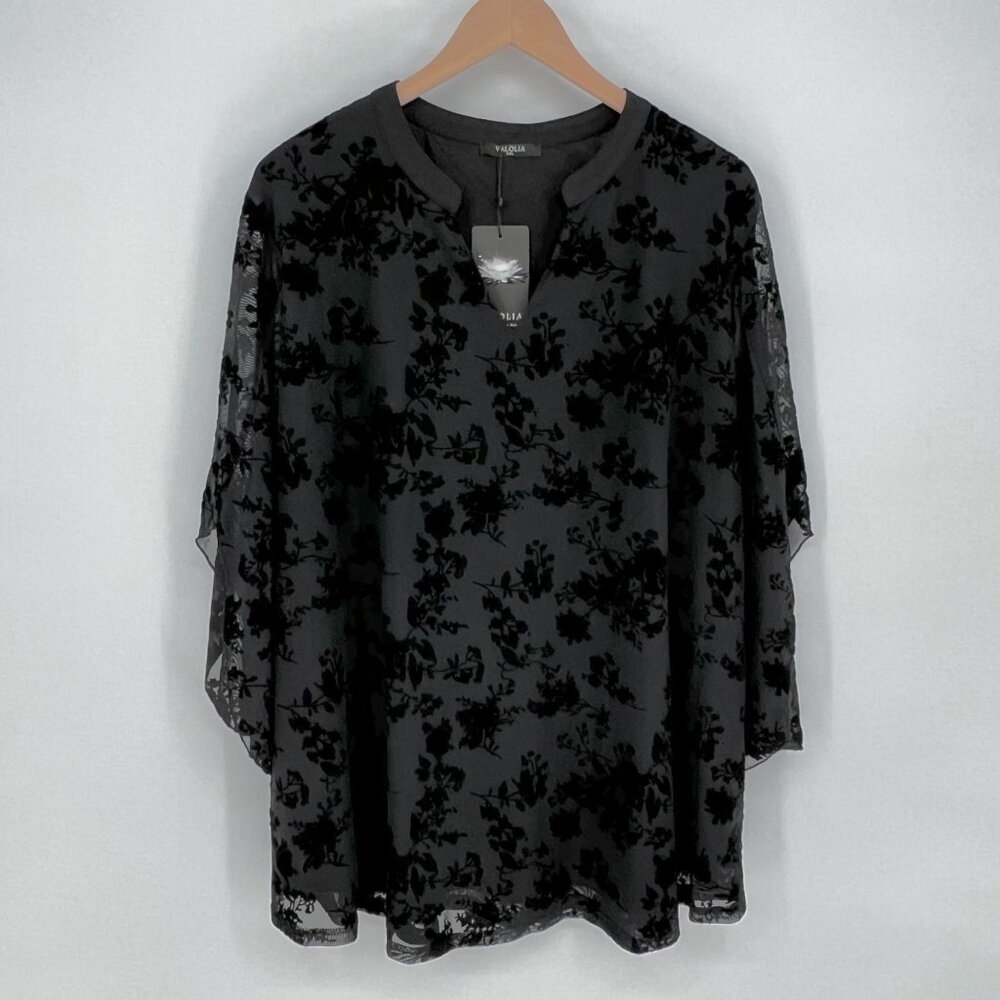 Valolia Womens Sheer Velvet Floral Blouse Tunic Size 3XL Black Whimsigoth Grunge